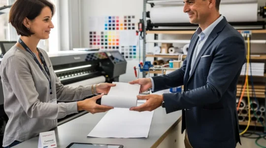 Professionnel récupérant ses kakémonos en agence d'impression express