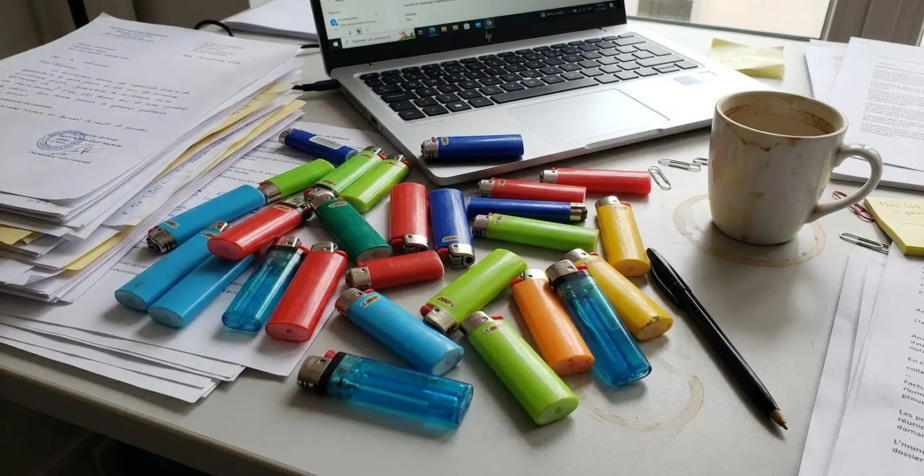 Des briquets de différentes couleurs disposés de manière désordonnée sur un bureau avec des documents et un ordinateur portable en arrière-plan