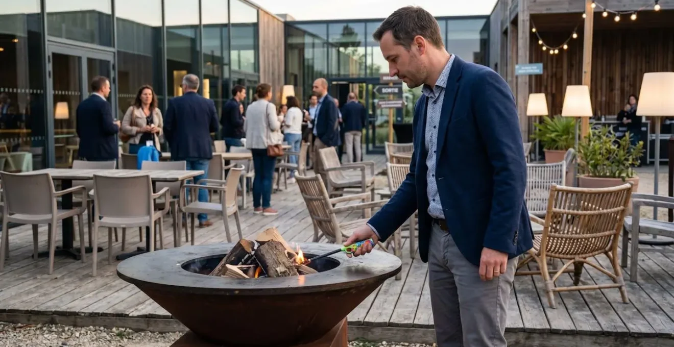 Une personne vue de profil allume un brasero lors d'un événement d'entreprise en extérieur, tenant un briquet personnalisé