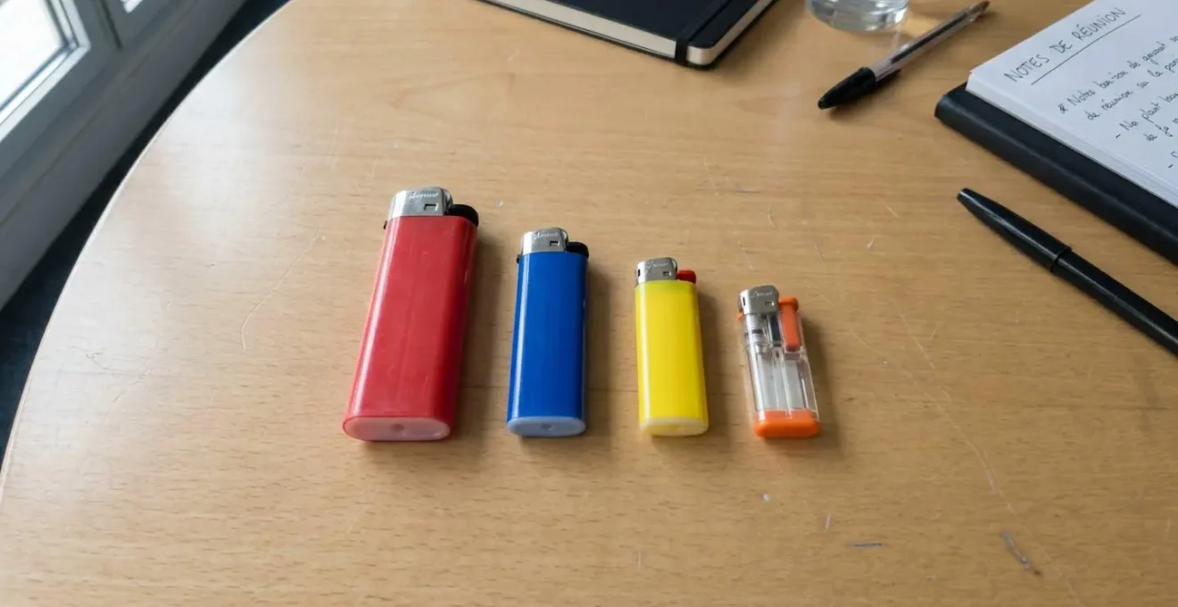 Quatre briquets de formats différents alignés sur une table de réunion, éclairage naturel de bureau révélant les différences de taille et de design