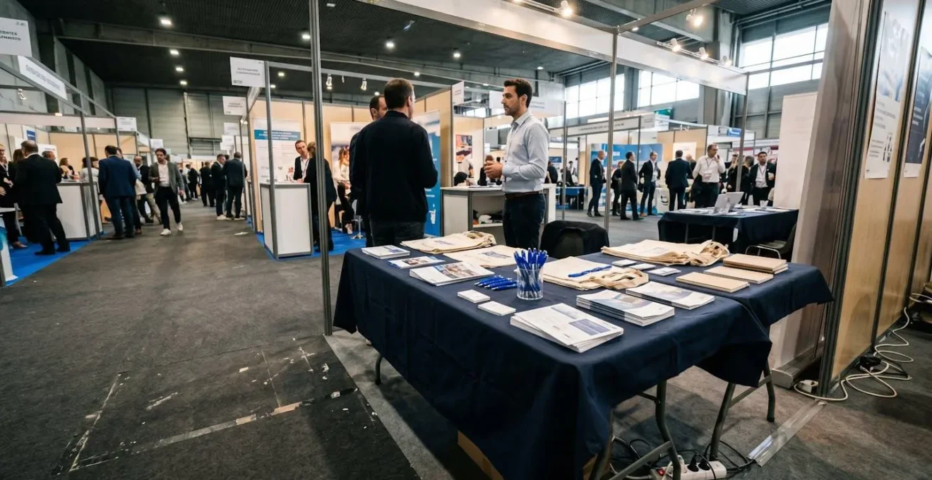 Un stand d'entreprise lors d'un salon professionnel avec une table où sont disposés divers objets publicitaires, ambiance événementielle réaliste